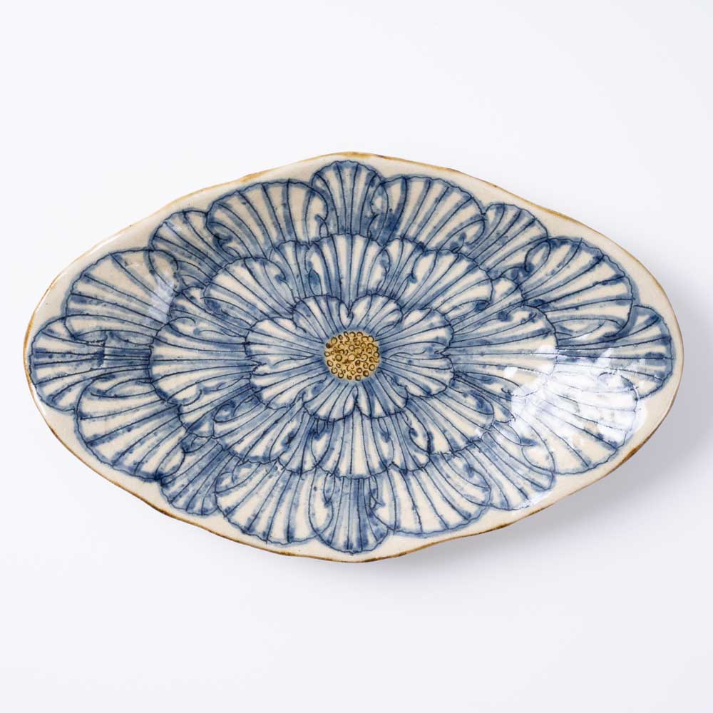 作家 加藤芳平 牡丹花 舟形皿(青) 作家 加藤芳平 陶磁器作家もの
