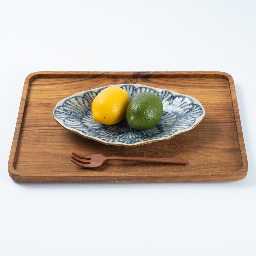 丹波焼　炭化葉形皿　芳弘 作家 加藤芳平 牡丹花 舟形皿（青） ¥3,190 大人の焼き物