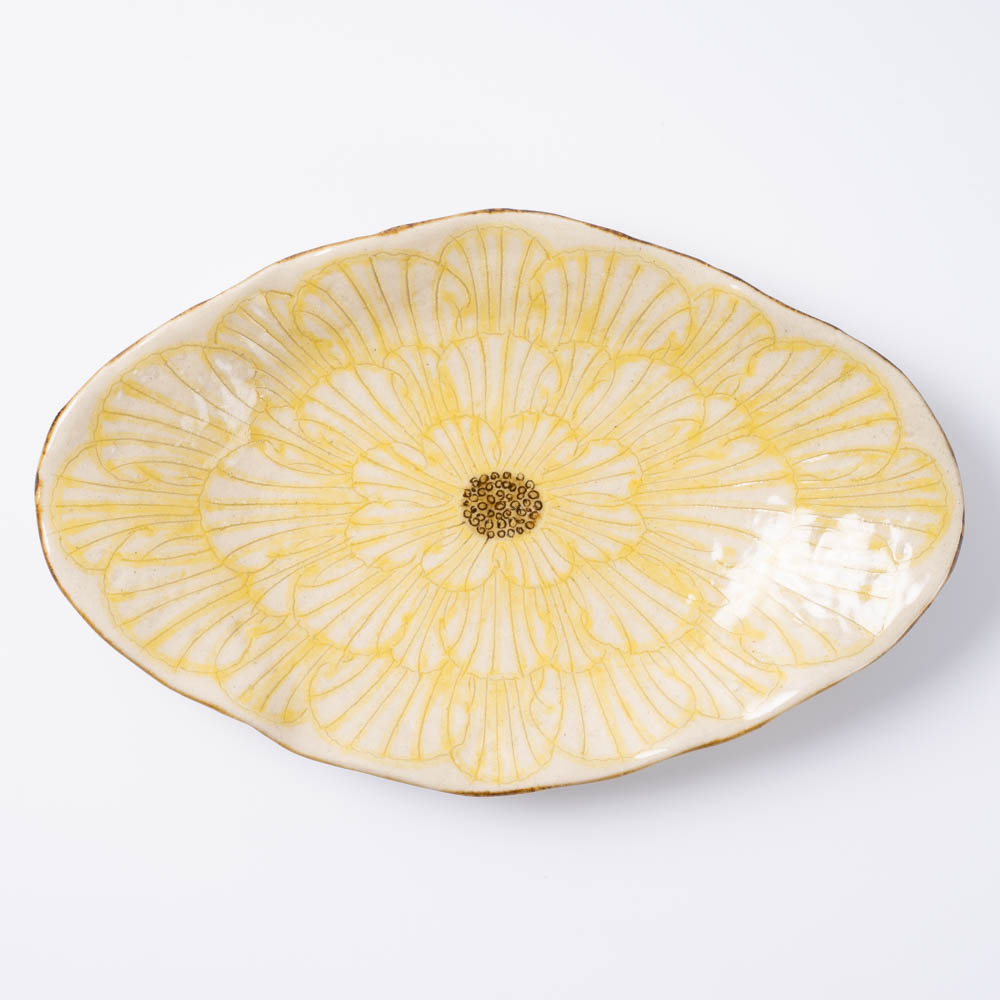 作家 加藤芳平 牡丹花 舟形皿(黄) 作家 加藤芳平 陶磁器作家もの