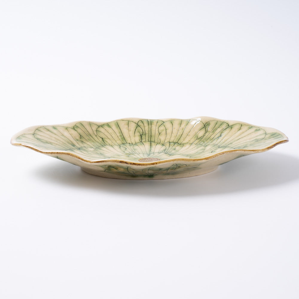 作家 加藤芳平 牡丹花 舟形皿(緑) 作家 加藤芳平 陶磁器作家もの