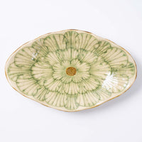 作家 加藤芳平 牡丹花 舟形皿(緑) 作家 加藤芳平 陶磁器作家もの