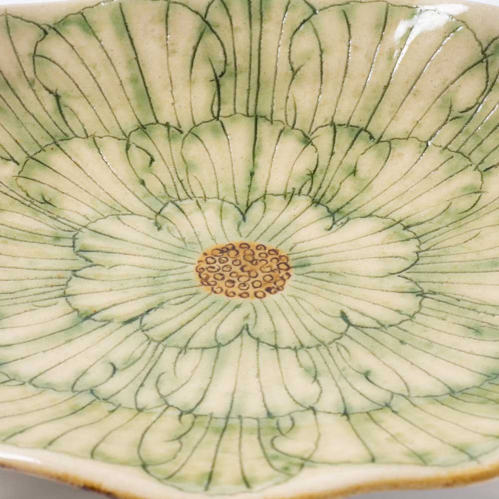 作家 加藤芳平 牡丹花 舟形皿(緑) 作家 加藤芳平 陶磁器作家もの