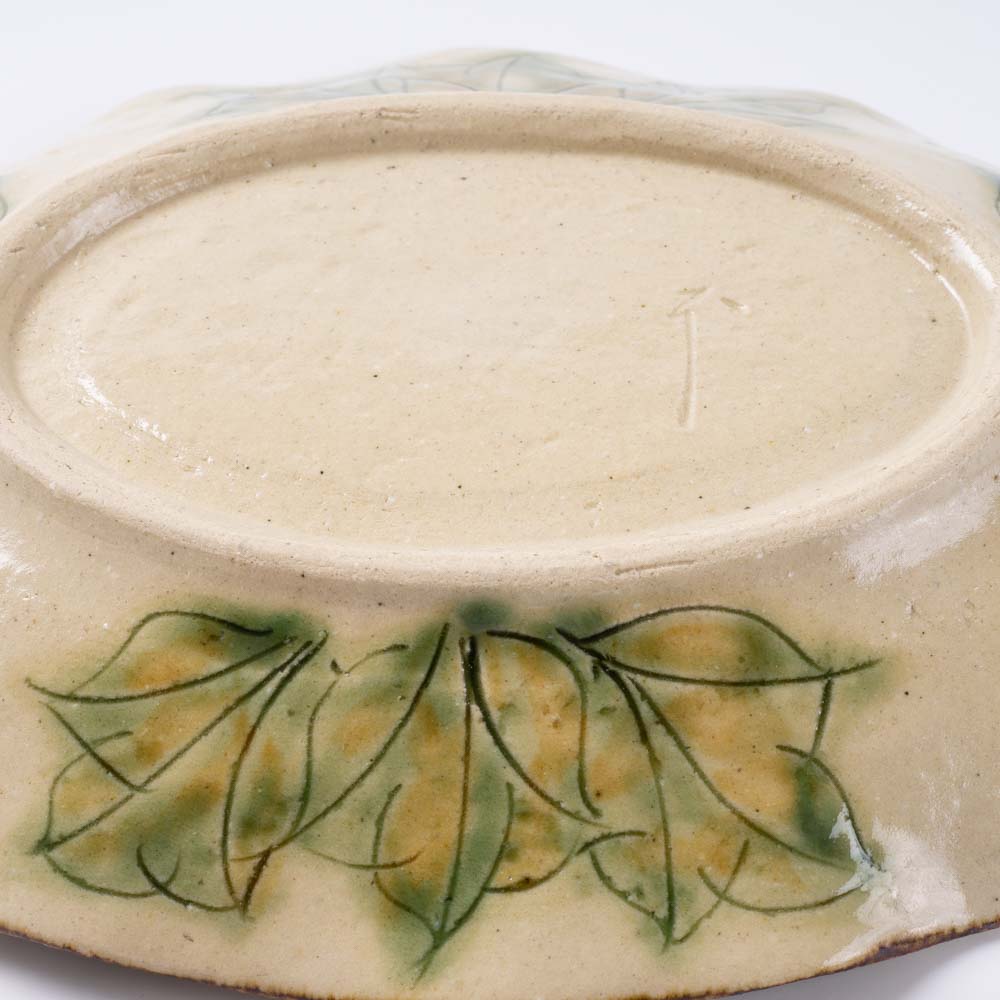 作家 加藤芳平 牡丹花 舟形皿(緑) 作家 加藤芳平 陶磁器作家もの