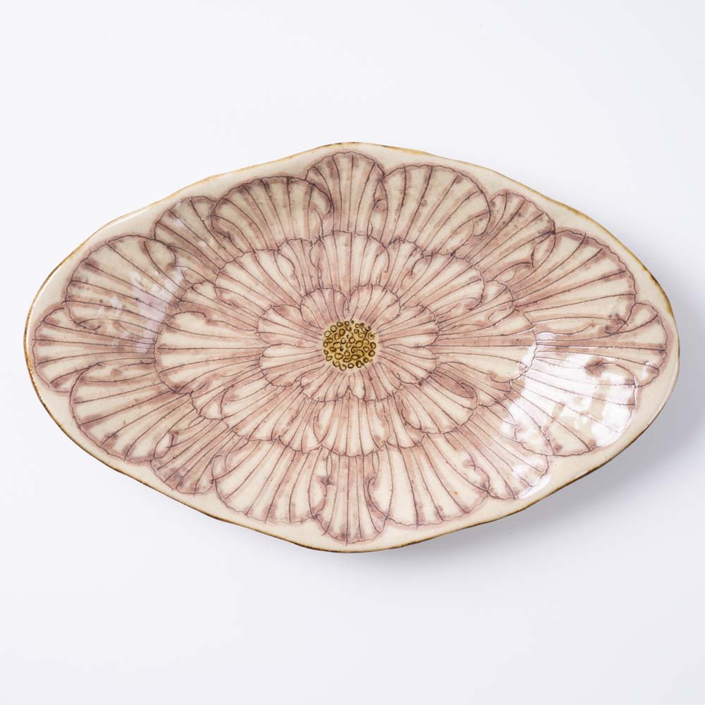 作家 加藤芳平 牡丹花 舟形皿(紫) 作家 加藤芳平 陶磁器作家もの