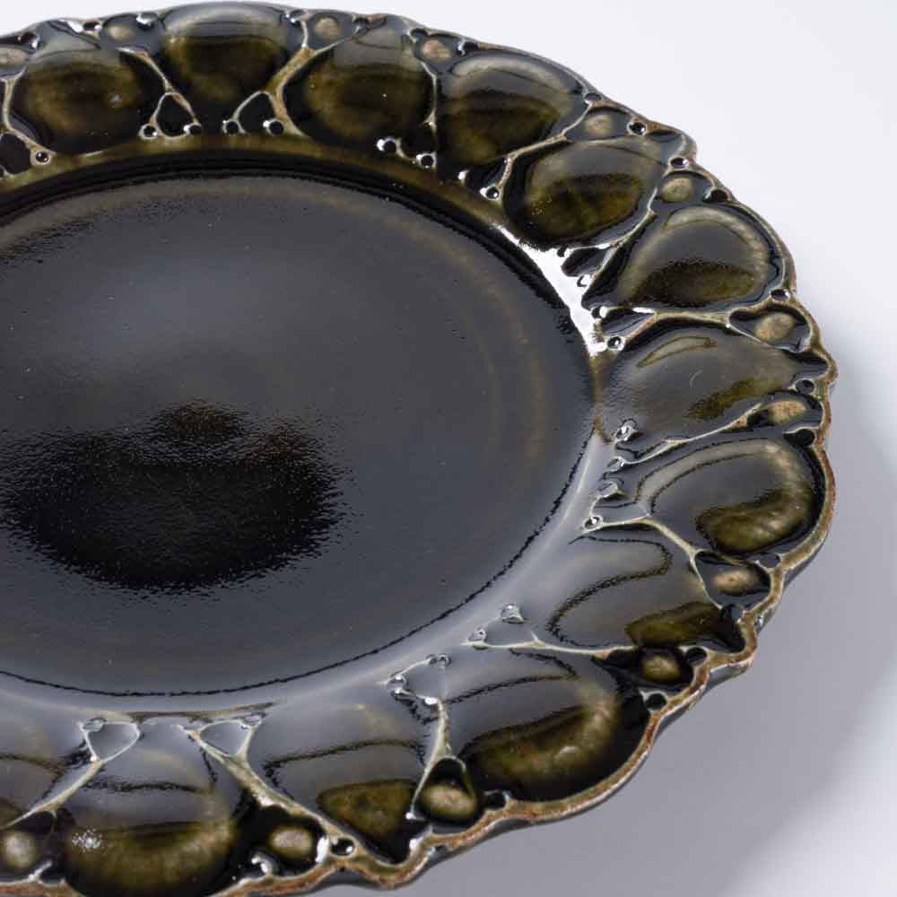 ルリアメ工房 レースカッティングリム ケーキ皿(オリーブ) ルリアメ工房 陶磁器作家もの