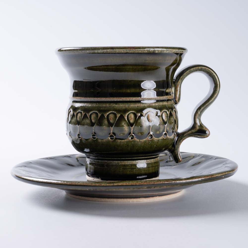 ルリアメ工房 カップ&ソーサ 鍵手(オリーブ ルリアメ工房 陶磁器作家もの