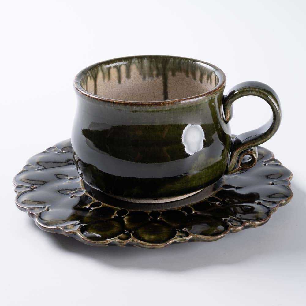 ルリアメ工房 カップ&レースカッティングリムソーサ(オリーブ) ルリアメ工房 陶磁器作家もの