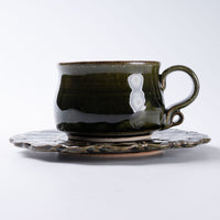 ルリアメ工房 カップ&レースカッティングリムソーサ(オリーブ) ルリアメ工房 陶磁器作家もの
