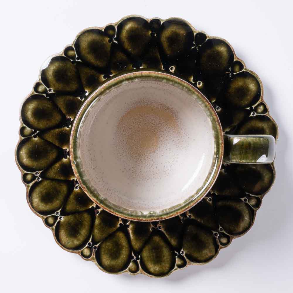 ルリアメ工房 カップ&レースカッティングリムソーサ(オリーブ) ルリアメ工房 陶磁器作家もの