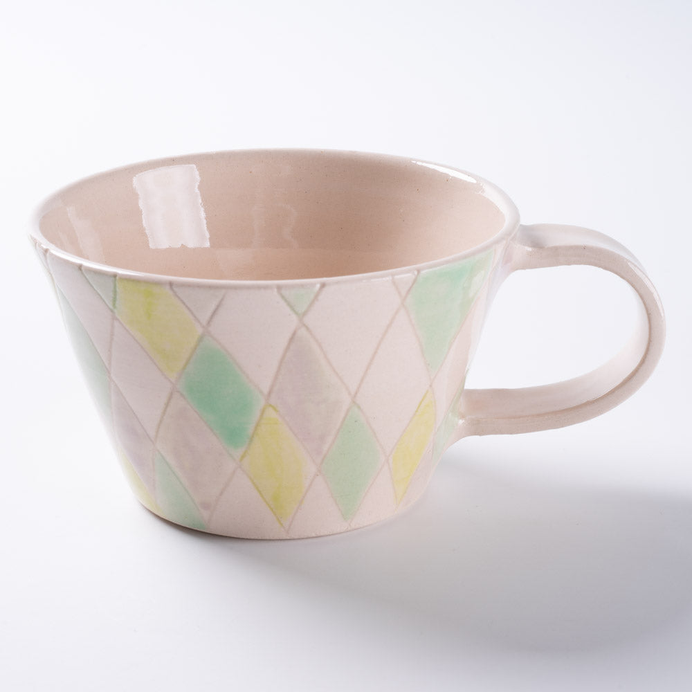 作家 森田みほ マグカップ(薄ピンクベース) エメラルドグリーン×紫