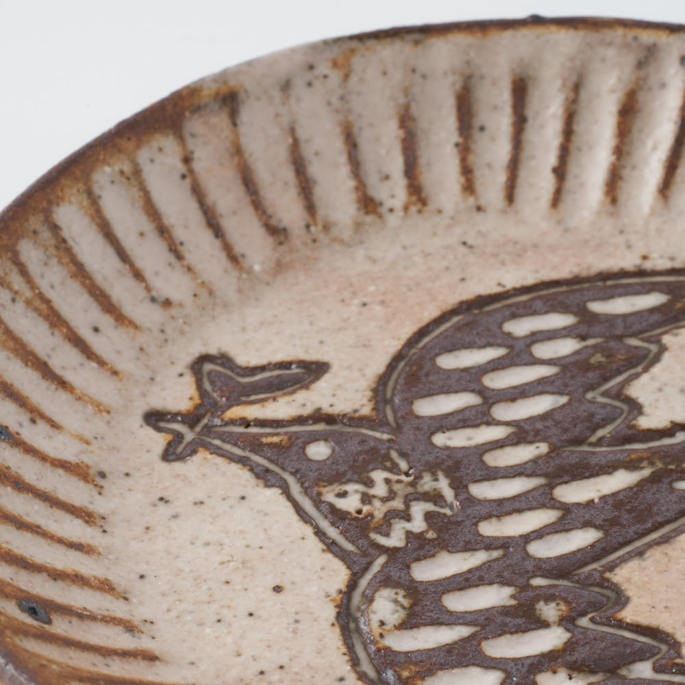 作家 マノメタカヒロ 鳥文象嵌小皿(丸)  ピンク 作家 マノメタカヒロ 陶磁器作家もの