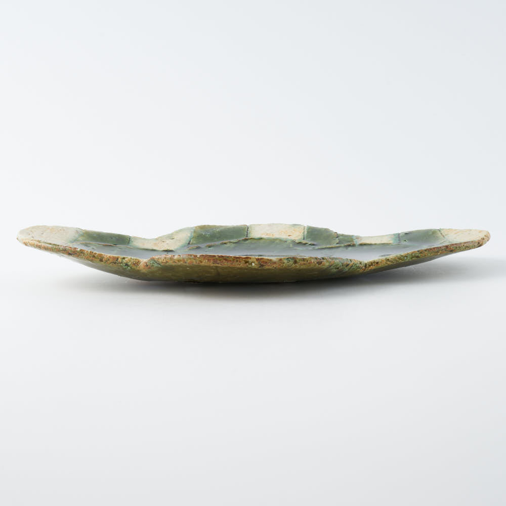 作家 山本一仁 織部釉 ストライプ丸十字皿 大 作家 山本一仁 陶磁器作家もの