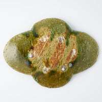 作家 山本一仁 織部釉 ストライプ丸十字皿 大 作家 山本一仁 陶磁器作家もの