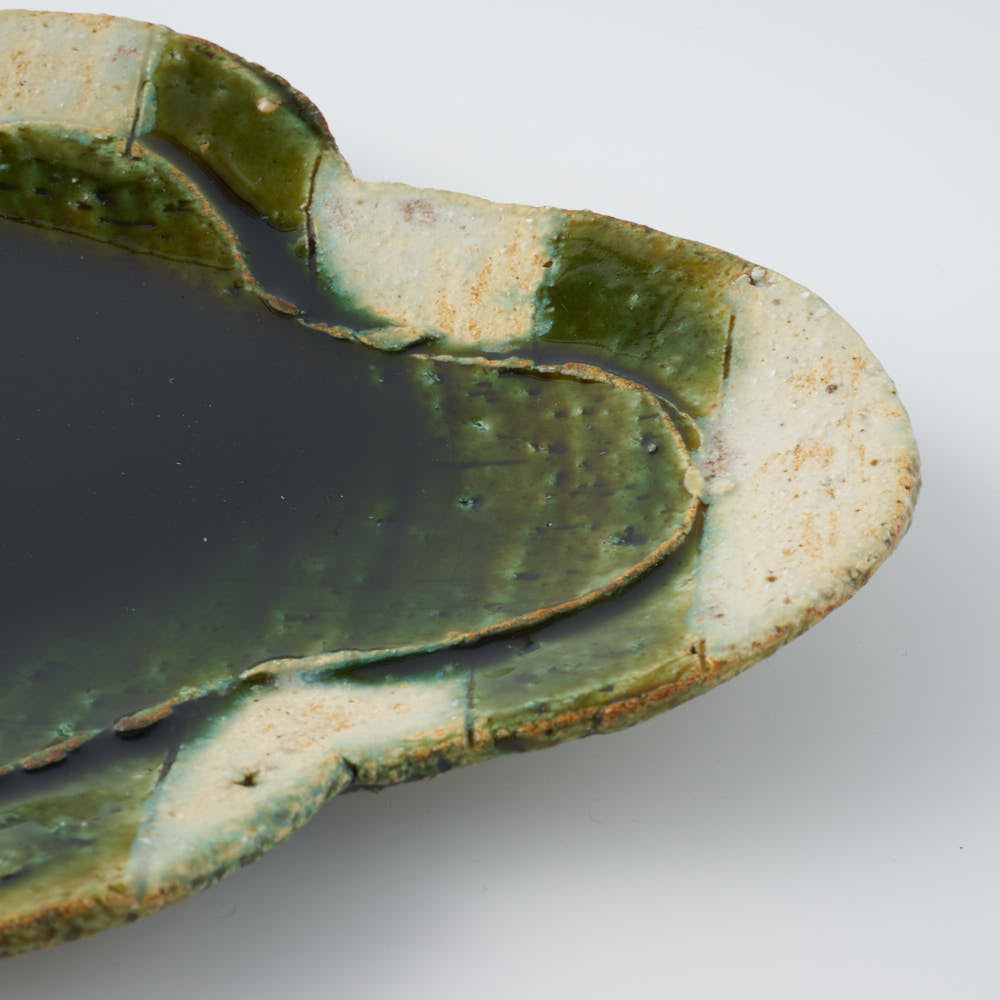 作家 山本一仁 織部釉 ストライプ丸十字皿 大 作家 山本一仁 陶磁器作家もの