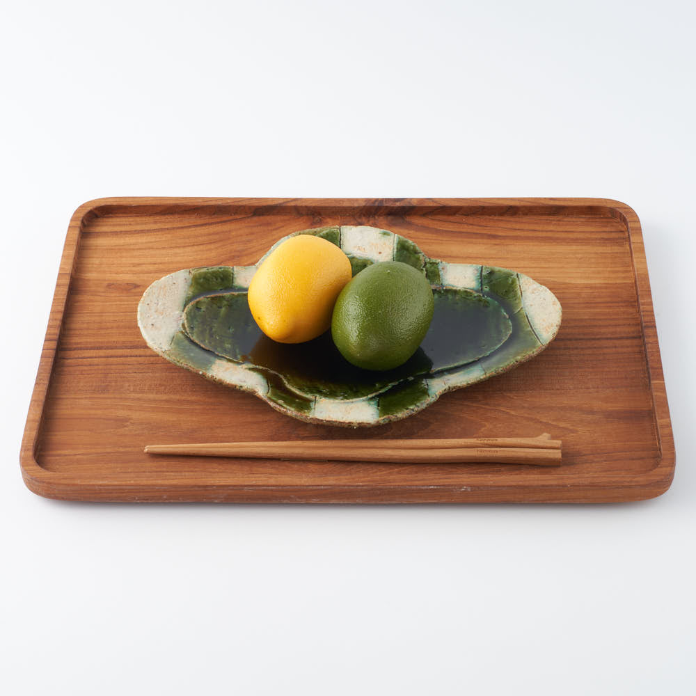 作家 山本一仁 織部釉 ストライプ丸十字皿 大 作家 山本一仁 陶磁器作家もの