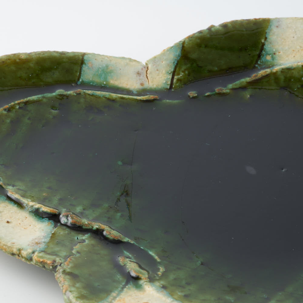 作家 山本一仁 織部釉 ストライプ丸十字皿 大 作家 山本一仁 陶磁器作家もの