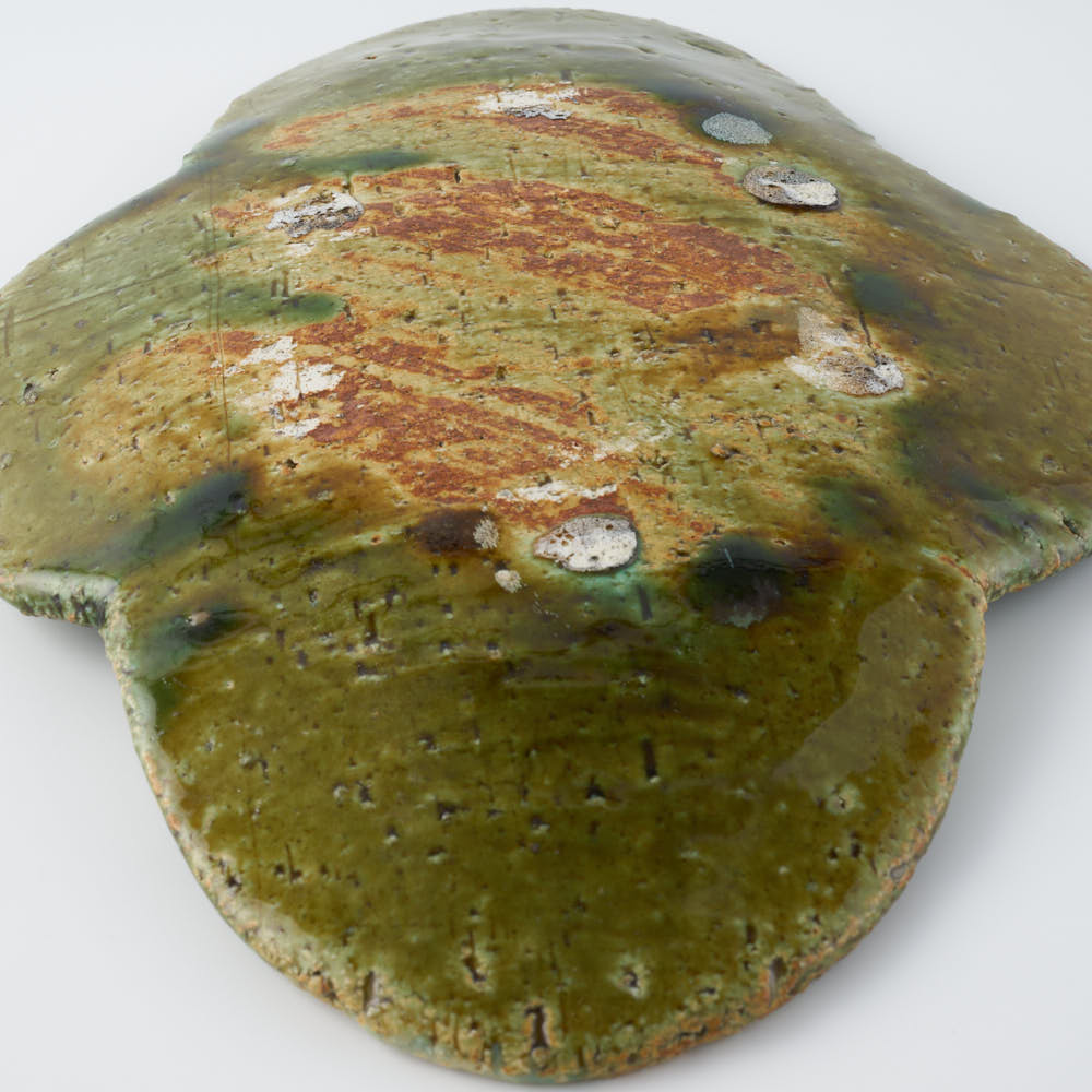 作家 山本一仁 織部釉 ストライプ丸十字皿 大 作家 山本一仁 陶磁器作家もの