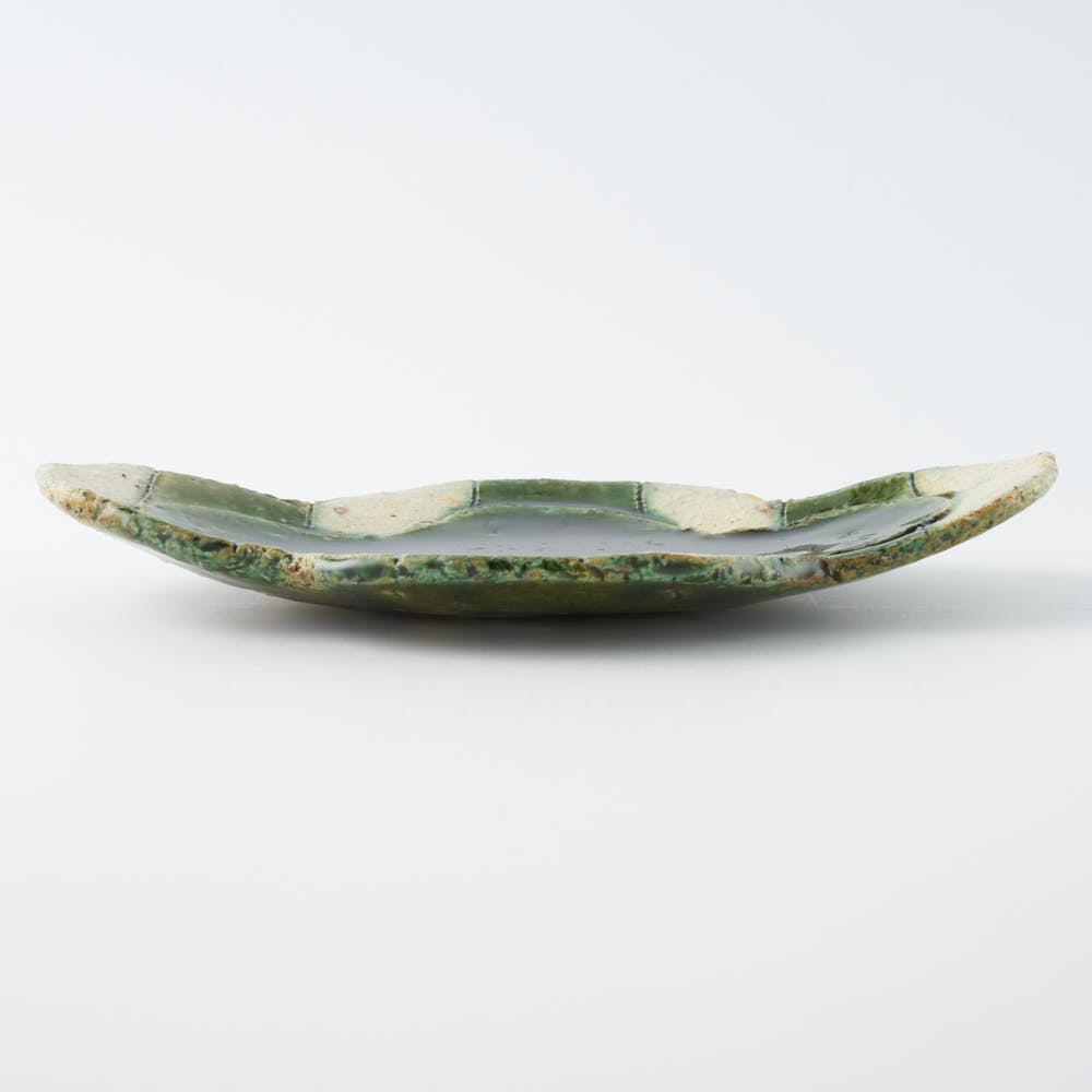 作家 山本一仁 織部釉 ストライプ丸十字皿 小 作家 山本一仁 陶磁器作家もの