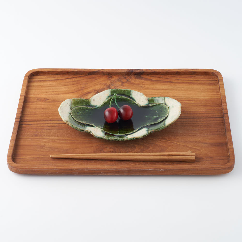 作家 山本一仁 織部釉 ストライプ丸十字皿 小 作家 山本一仁 陶磁器作家もの