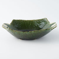 作家 山本一仁 織部釉 両耳ストライプ角鉢 作家 山本一仁 陶磁器作家もの