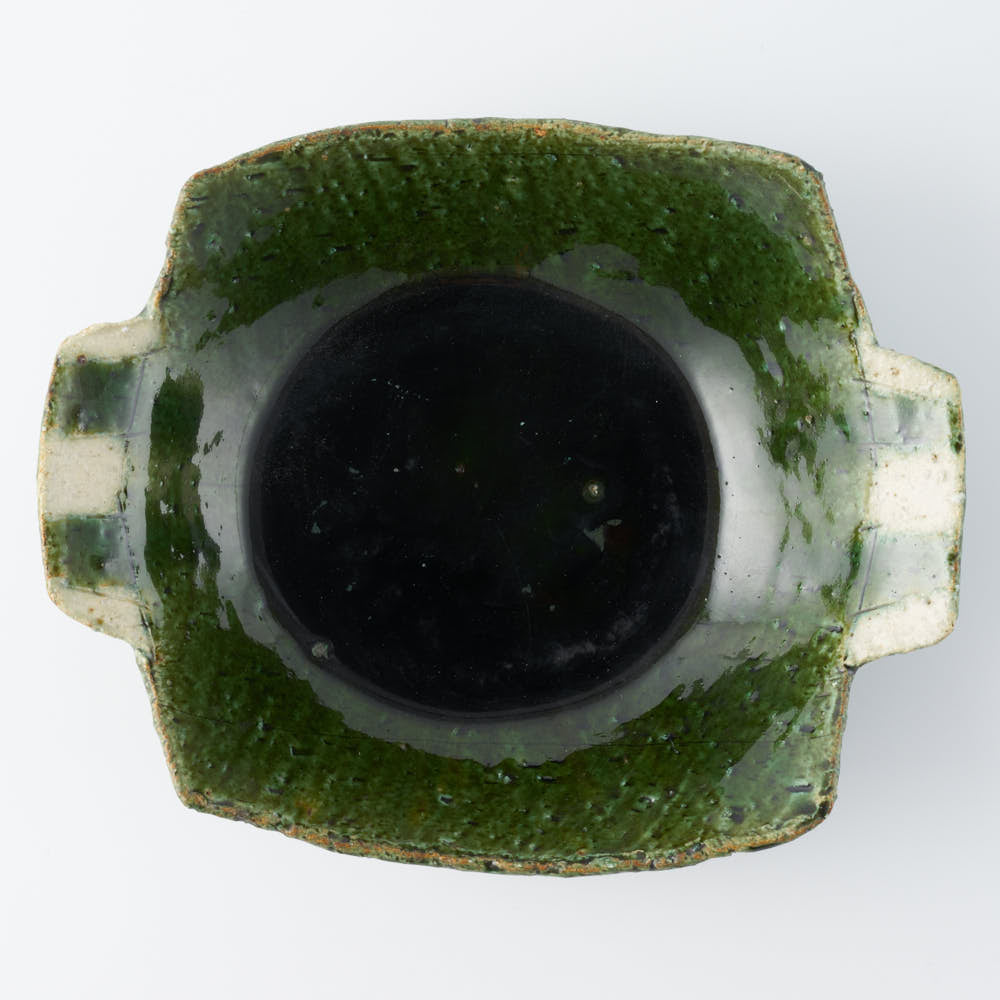 作家 山本一仁 織部釉 両耳ストライプ角鉢 作家 山本一仁 陶磁器作家もの