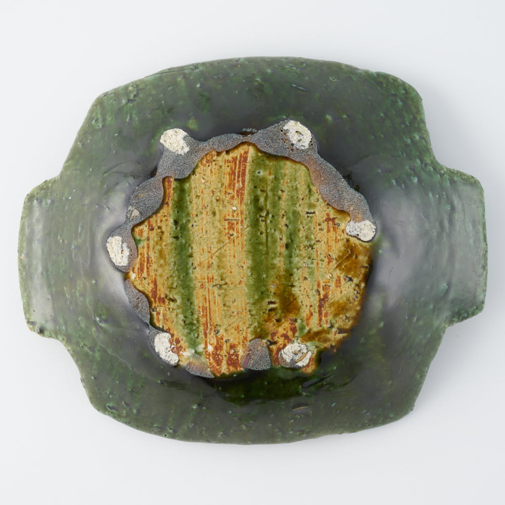 作家 山本一仁 織部釉 両耳ストライプ角鉢 作家 山本一仁 陶磁器作家もの