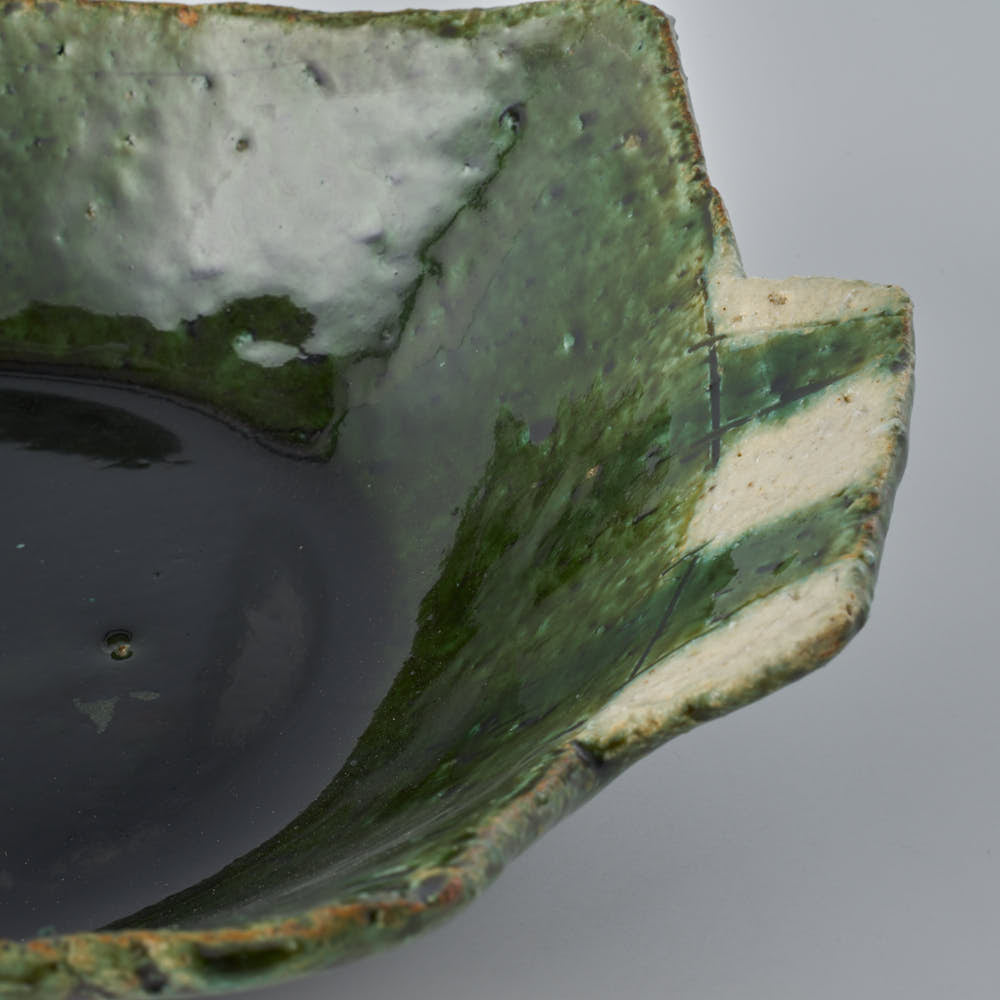 作家 山本一仁 織部釉 両耳ストライプ角鉢 作家 山本一仁 陶磁器作家もの