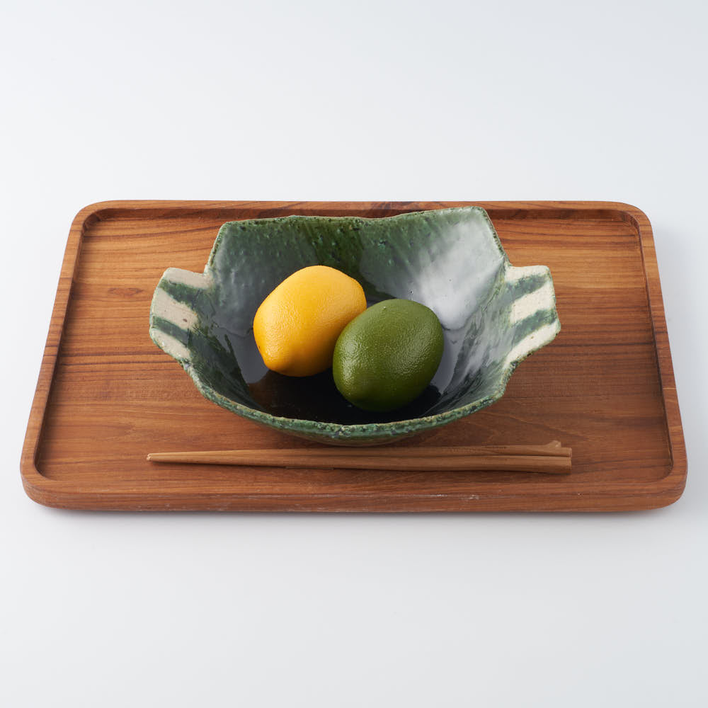 作家 山本一仁 織部釉 両耳ストライプ角鉢 作家 山本一仁 陶磁器作家もの