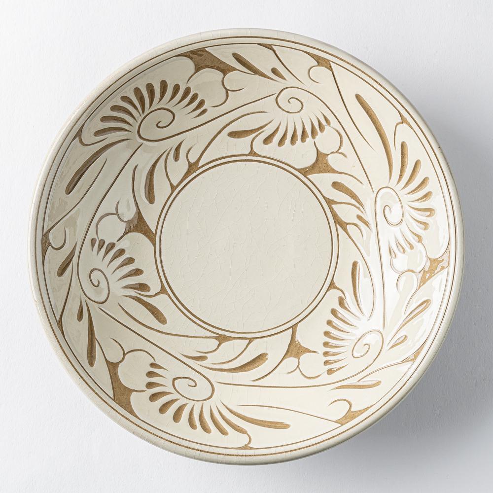 やちむん 育陶園 唐草線彫 7寸皿 白唐草 やちむん 育陶園 やちむん