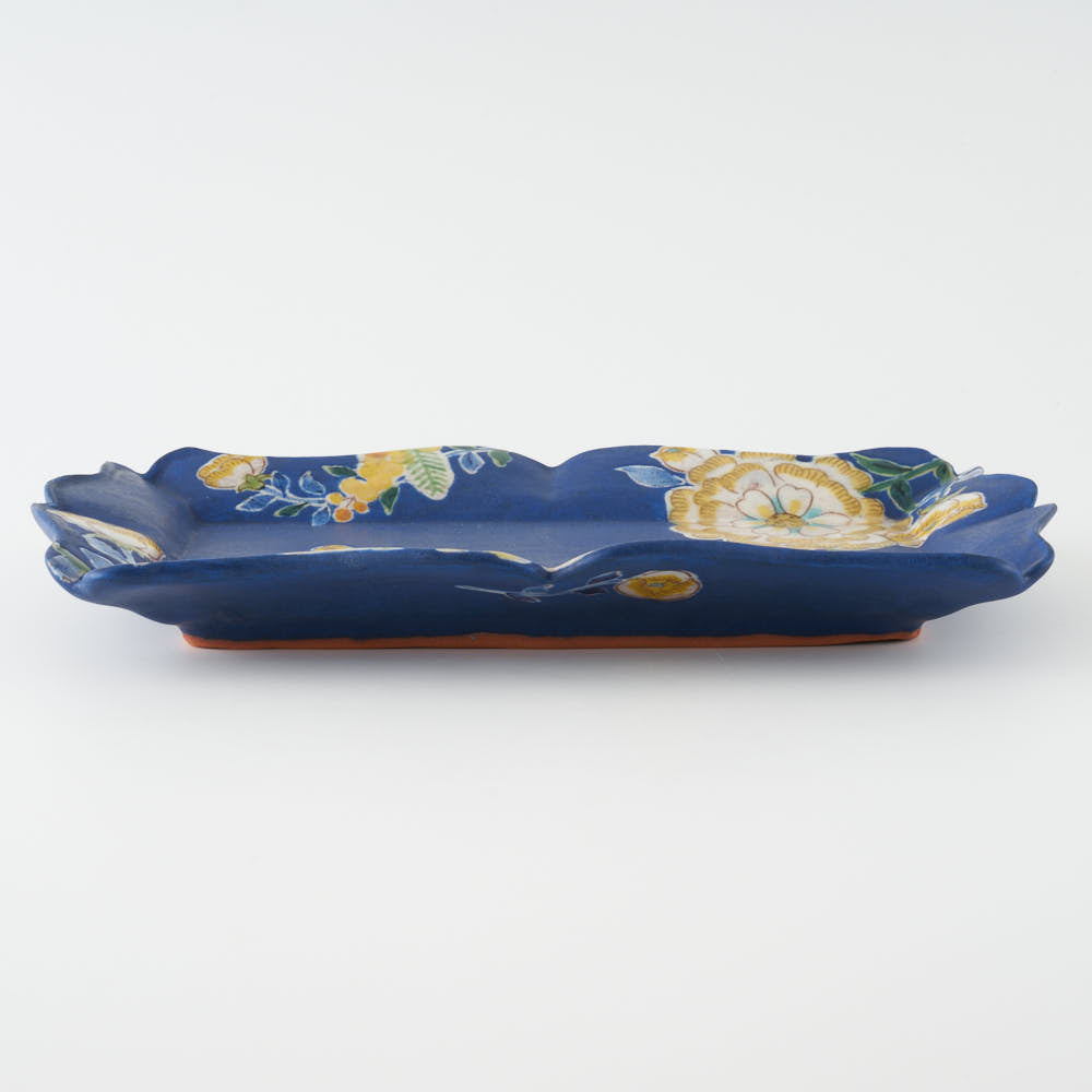 うつつ窯　作家　稲積佳谷　黄色唐花紋　輪花角皿　青