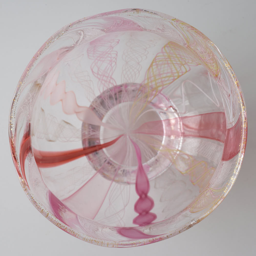 ガラス作家　北形槙子　彩色LACE　round glass　(PK/WH)
