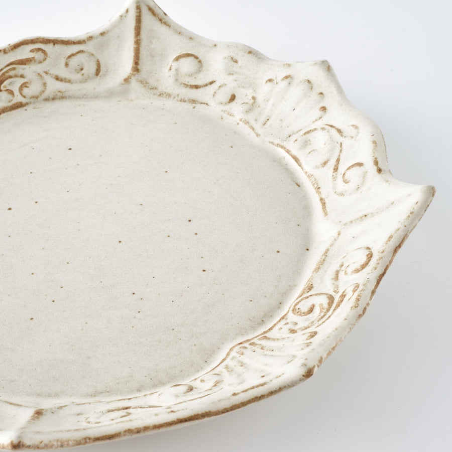 作家　古角志奈帆　貝文雪結晶平皿　white brown 作家　古角志奈帆 陶磁器作家もの