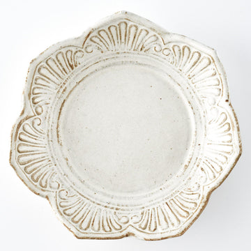 作家　古角志奈帆　貝文花形平皿　white brown 作家　古角志奈帆 陶磁器作家もの