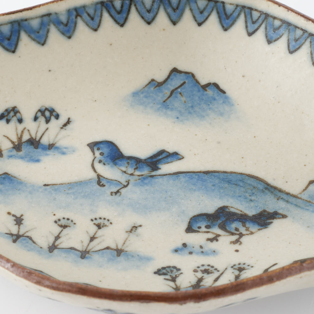 作家　中西申幸　鳥遊戯画 木瓜形向付 作家　中西申幸 陶磁器作家もの