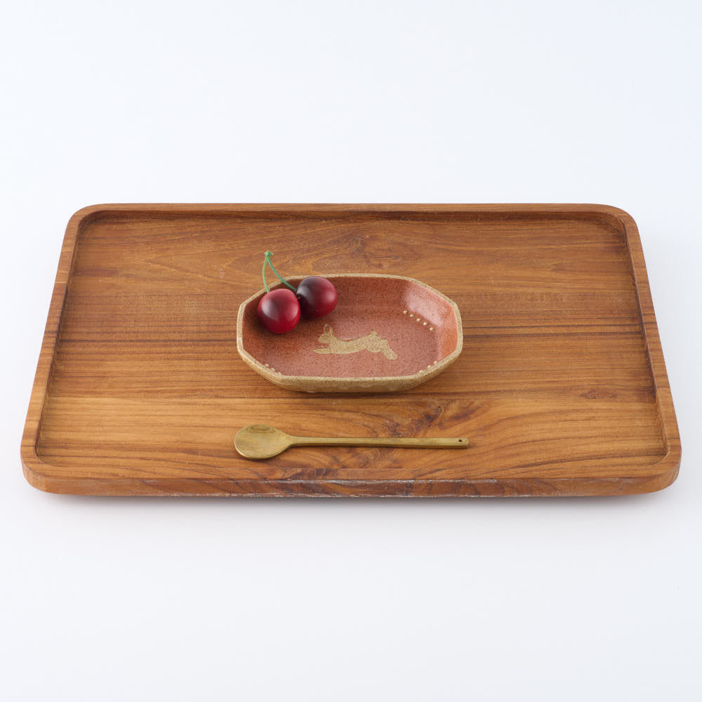 作家　田中遼馬　長八角小皿/ウサギ/コーラルピンク 苔色工房 陶磁器作家もの
