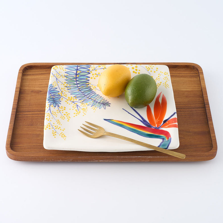 作家　武田朋己　角皿　ミモザと極楽鳥花