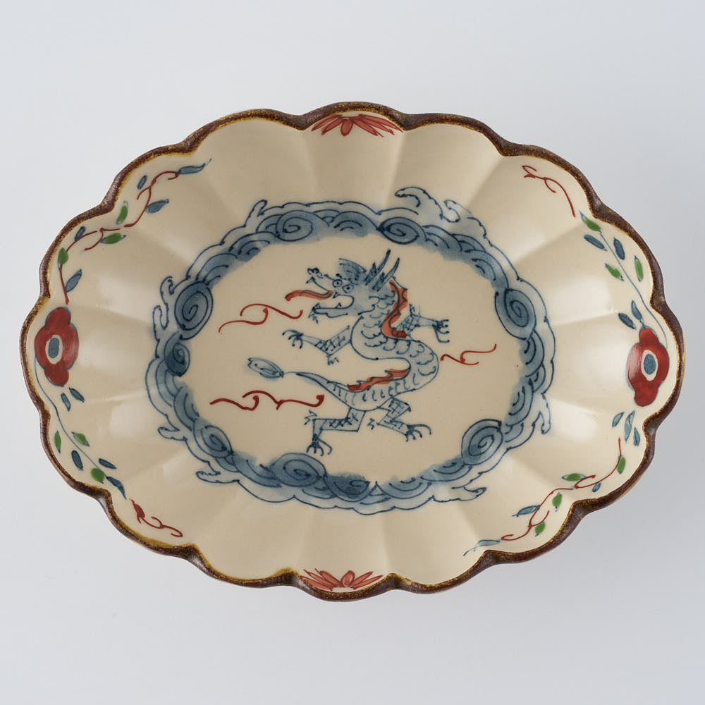 作家　大場紀穂子　龍の輪花楕円小鉢（染錦）