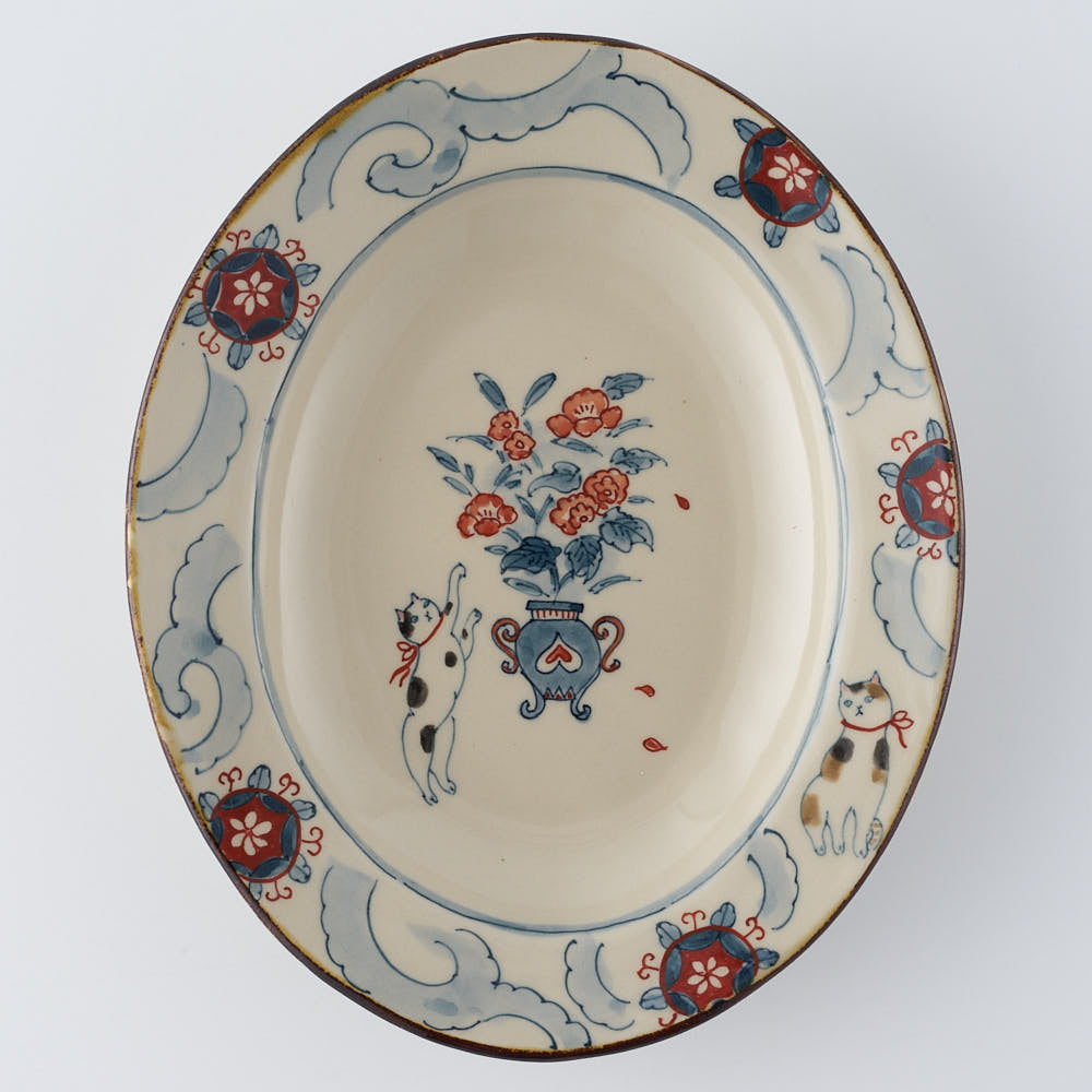 作家　大場紀穂子　江戸猫のリム付楕円皿