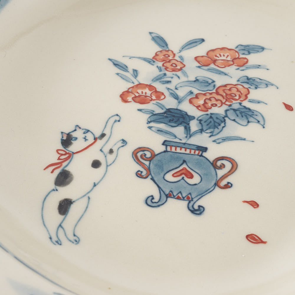 作家　大場紀穂子　江戸猫のリム付楕円皿