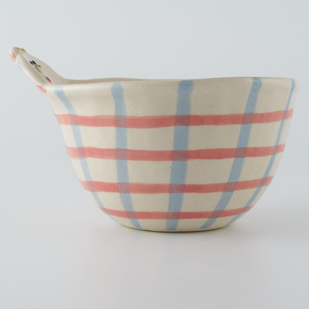 作家　島田文　チェックマどんぶり　ピンク×青