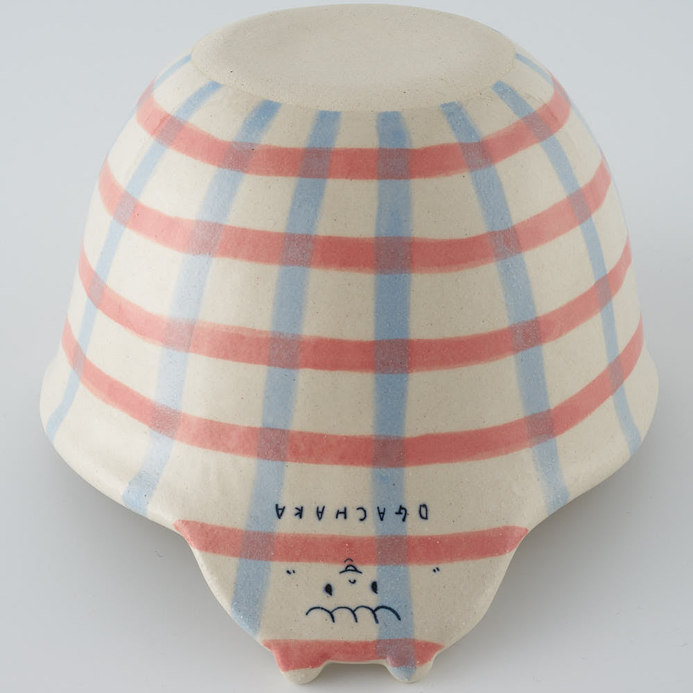作家　島田文　チェックマどんぶり　ピンク×青