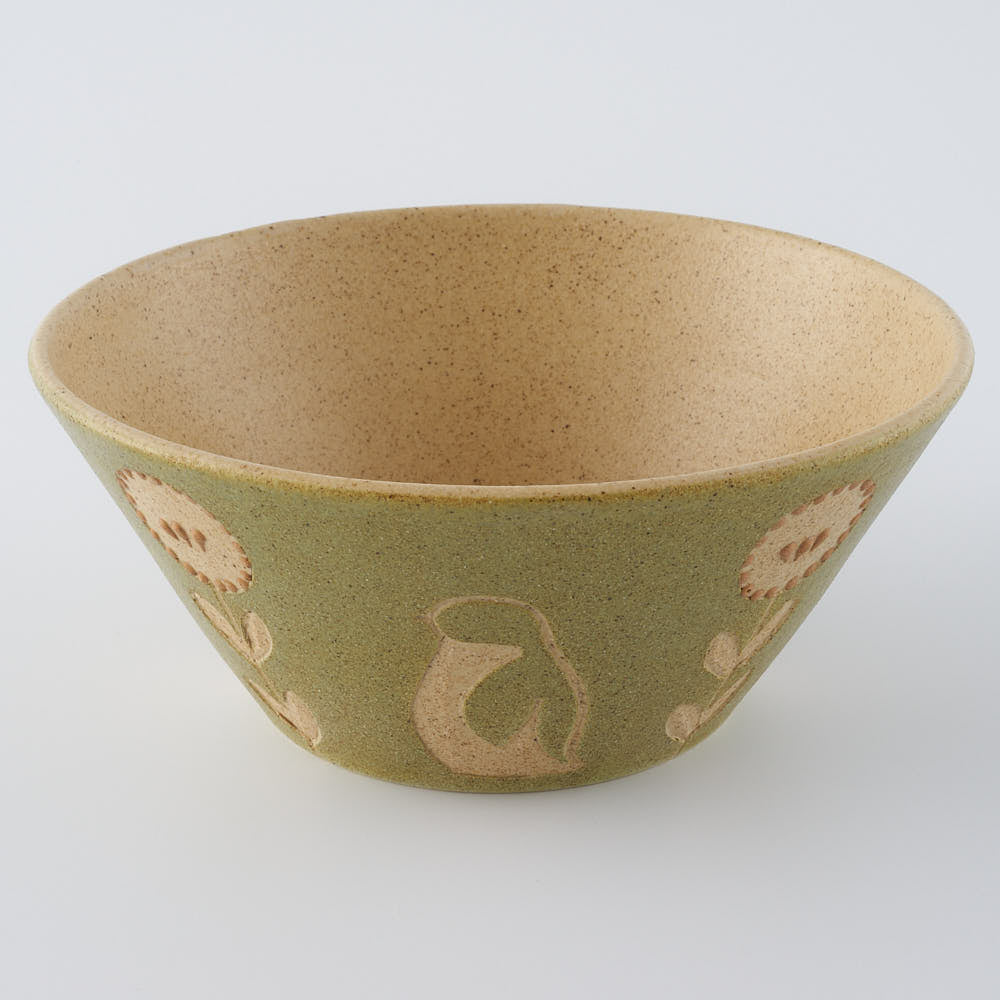 作家　田中遼馬　深めボウル160mm/花ペンギン/セージグリーン 苔色工房 陶磁器作家もの