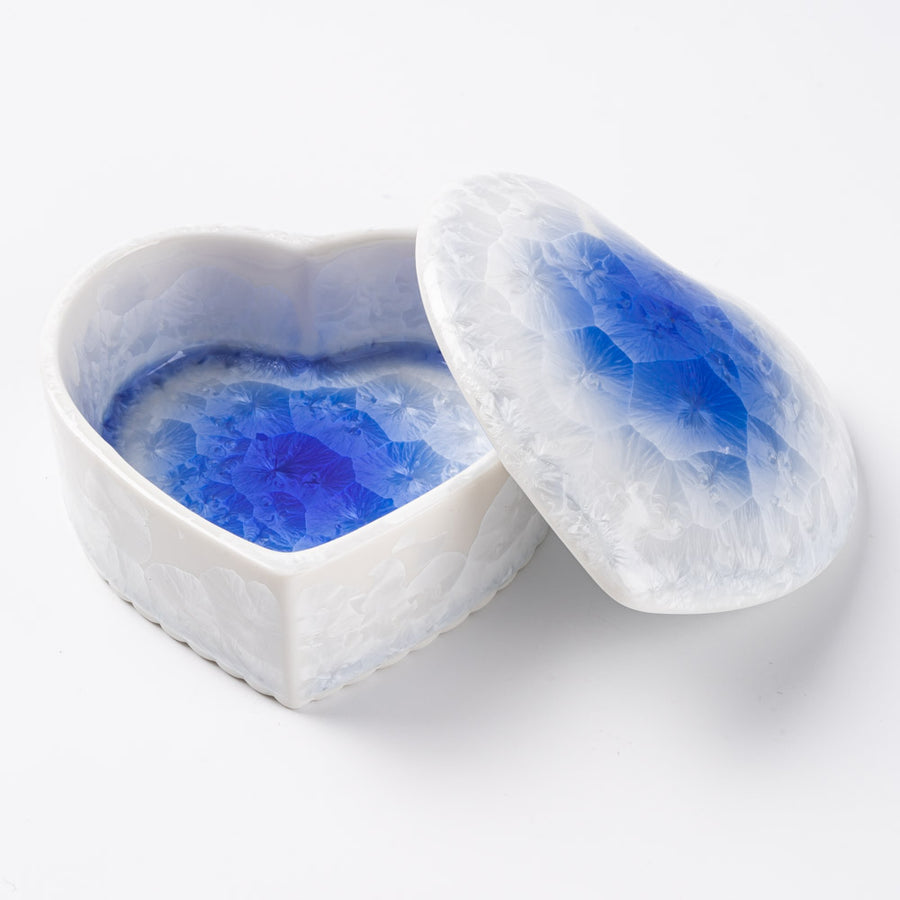 京焼・清水焼 陶あん　花結晶　ハート型小物入れ（青白）