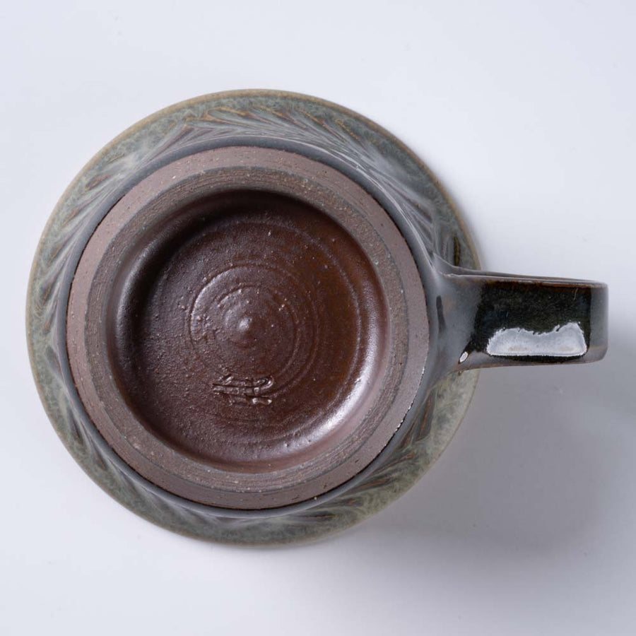 小代焼　小代本谷ちひろ窯　檜垣文様珈琲カップ＆ソーサー　黒